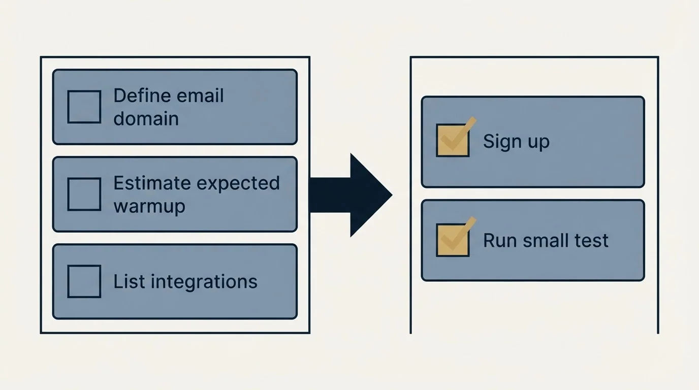 Before-and-after steps: Getting Started Checklist (Define email domain, Estimate expected warmup, List integrations, Sign up)