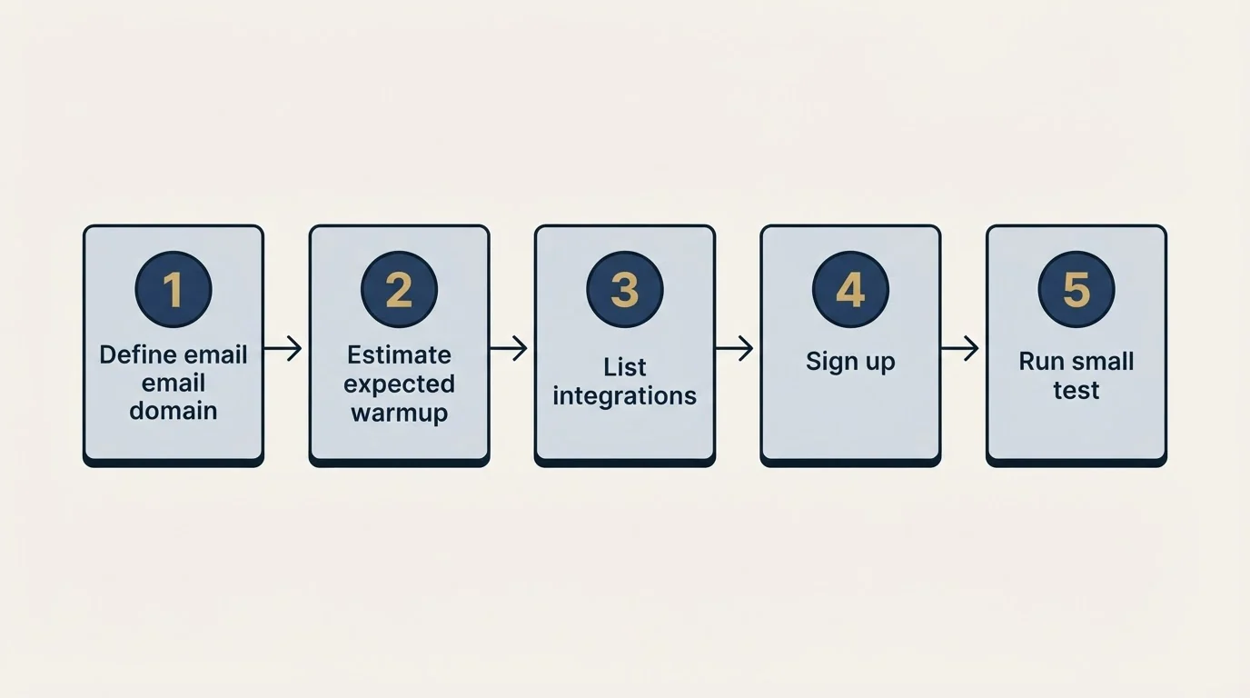 Step sequence: Getting Started Checklist (Define email domain, Estimate expected warmup, List integrations, Sign up)