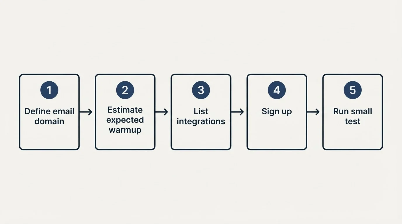 Step sequence: Getting Started Checklist (Define email domain, Estimate expected warmup, List integrations, Sign up)