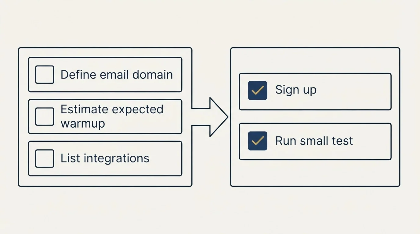 Before-and-after steps: Getting Started Checklist (Define email domain, Estimate expected warmup, List integrations, Sign up)