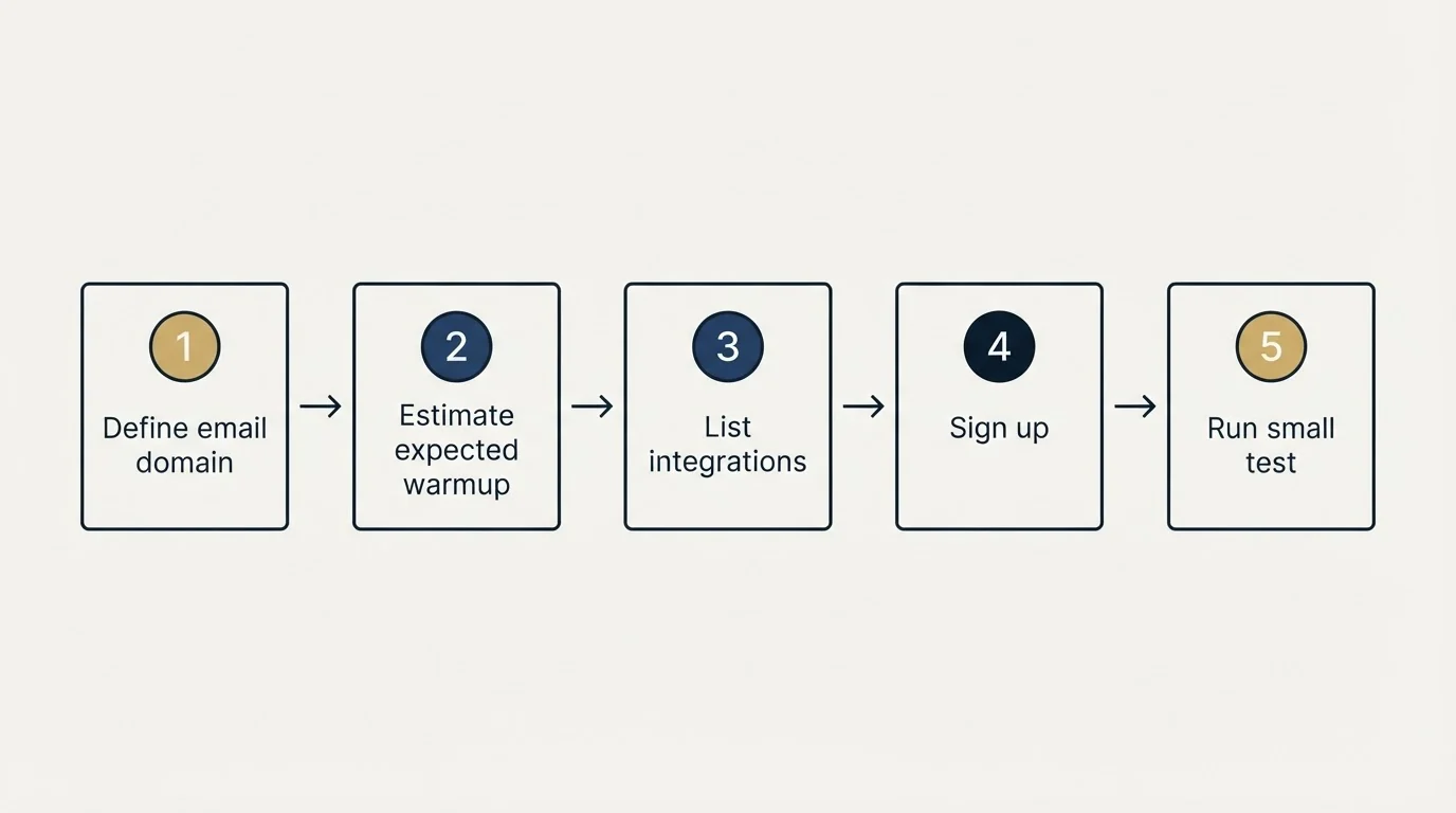 Step sequence: Getting Started Checklist (Define email domain, Estimate expected warmup, List integrations, Sign up)