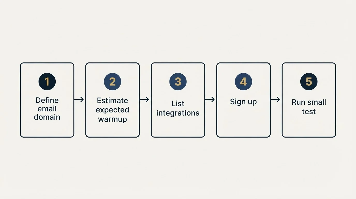 Step sequence: Getting Started Checklist (Define email domain, Estimate expected warmup, List integrations, Sign up)