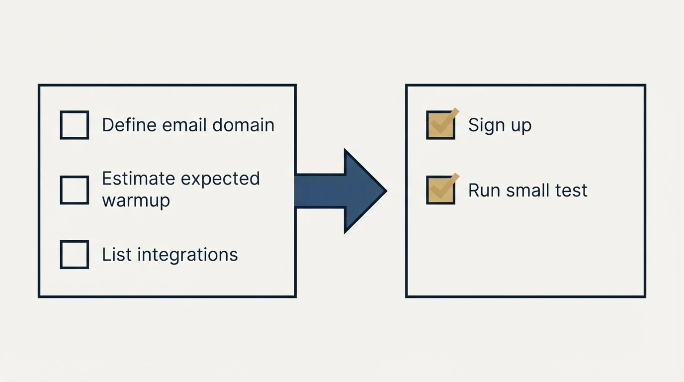 Before-and-after steps: Getting Started Checklist (Define email domain, Estimate expected warmup, List integrations, Sign up)