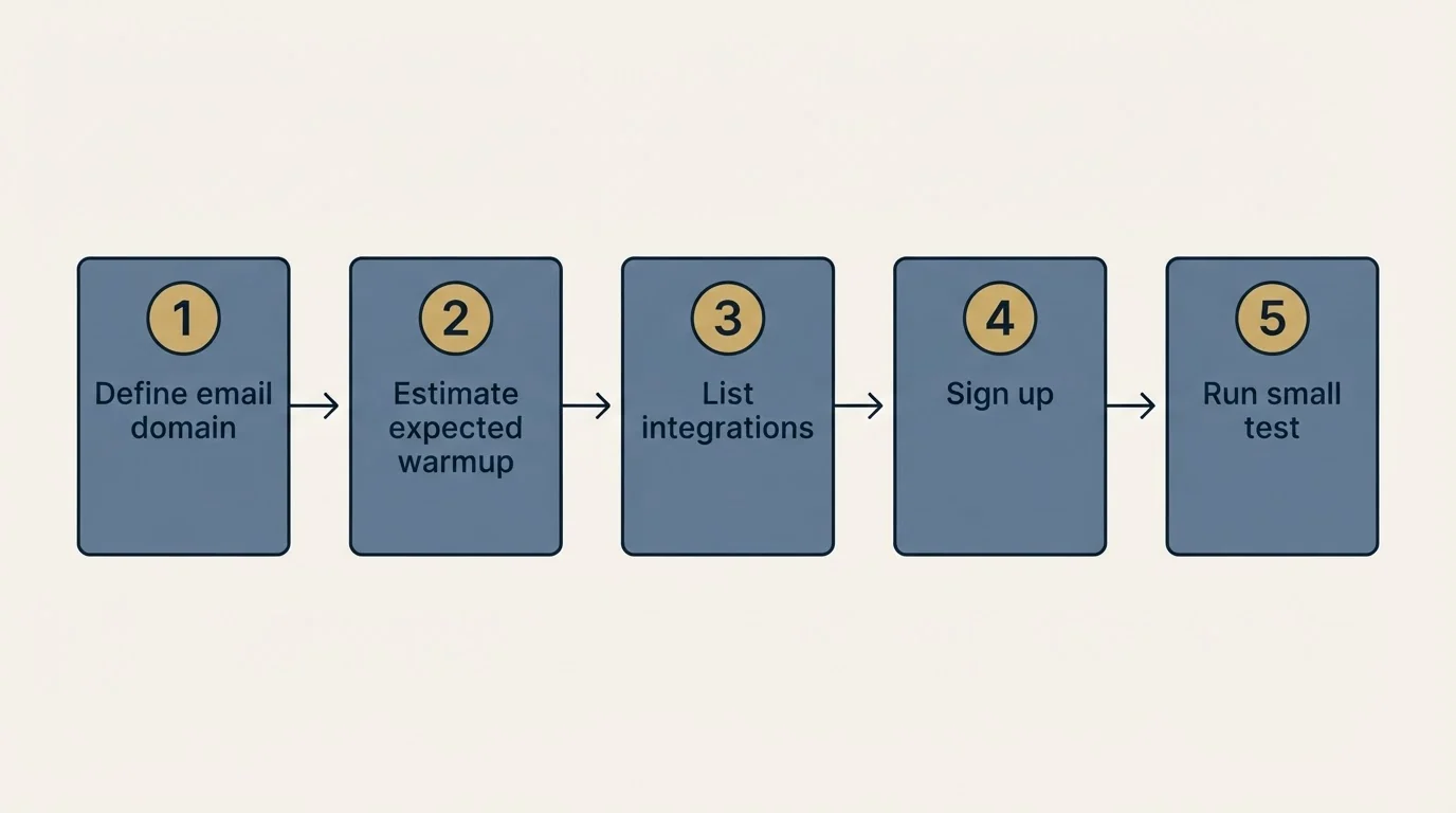 Step sequence: Getting Started Checklist (Define email domain, Estimate expected warmup, List integrations, Sign up)