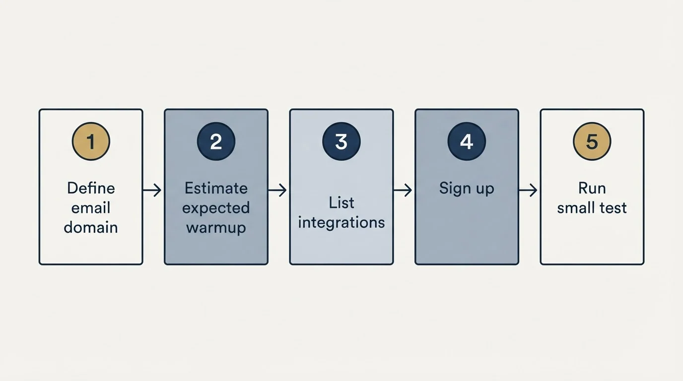 Step sequence: Getting Started Checklist (Define email domain, Estimate expected warmup, List integrations, Sign up)