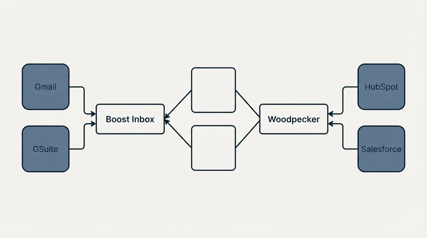 Integration schematic: Integration Ecosystem (Boost Inbox, Woodpecker, Gmail, HubSpot)