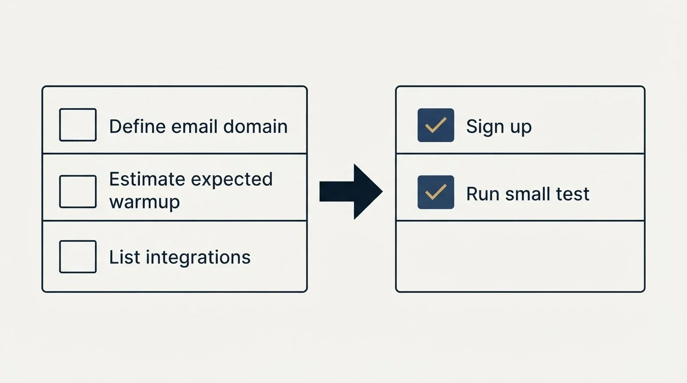 Before-and-after steps: Getting Started Checklist (Define email domain, Estimate expected warmup, List integrations, Sign up)