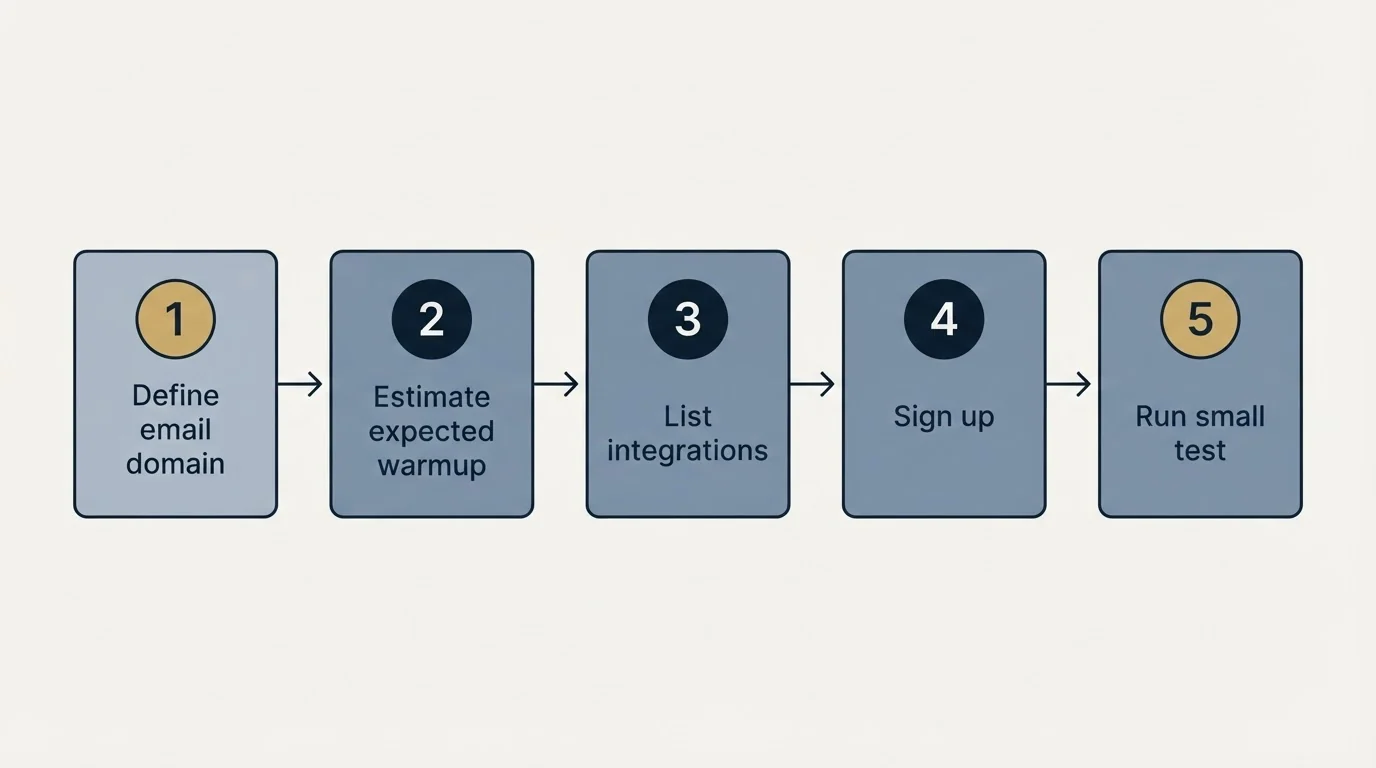 Step sequence: Getting Started Checklist (Define email domain, Estimate expected warmup, List integrations, Sign up)
