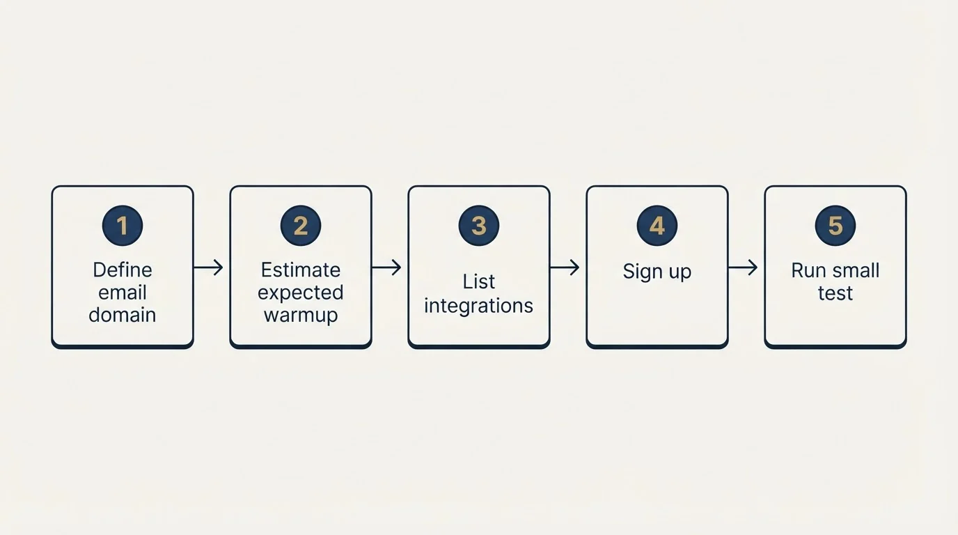 Step sequence: Getting Started Checklist (Define email domain, Estimate expected warmup, List integrations, Sign up)