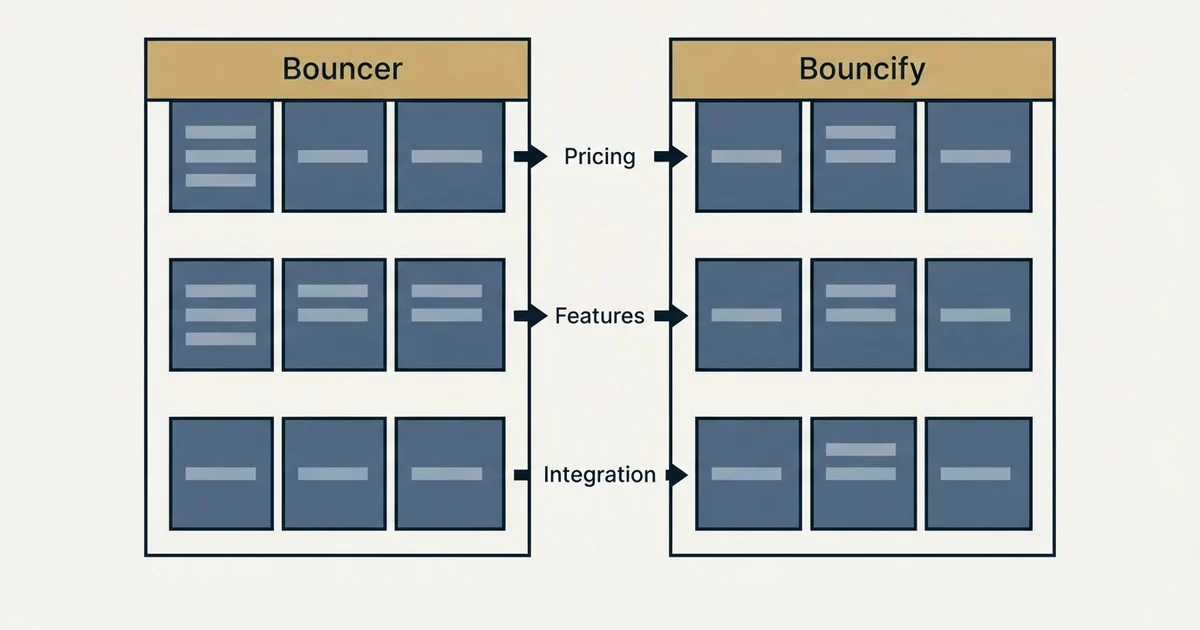 Comparison panel: Bouncer vs Bouncify (Pricing, Features, Integration)