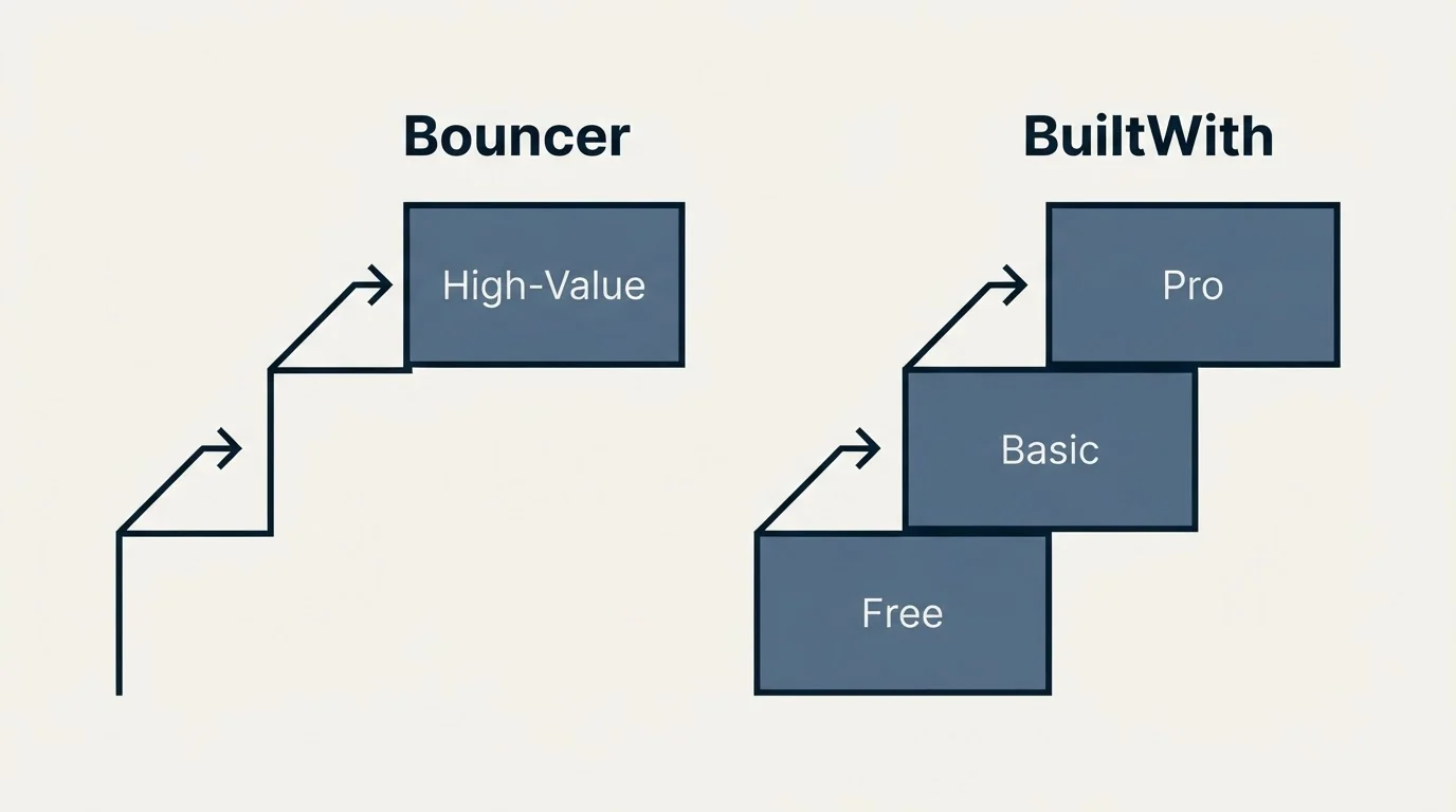 Pricing ladder: Pricing Comparison (Bouncer, BuiltWith, High-Value, Free)