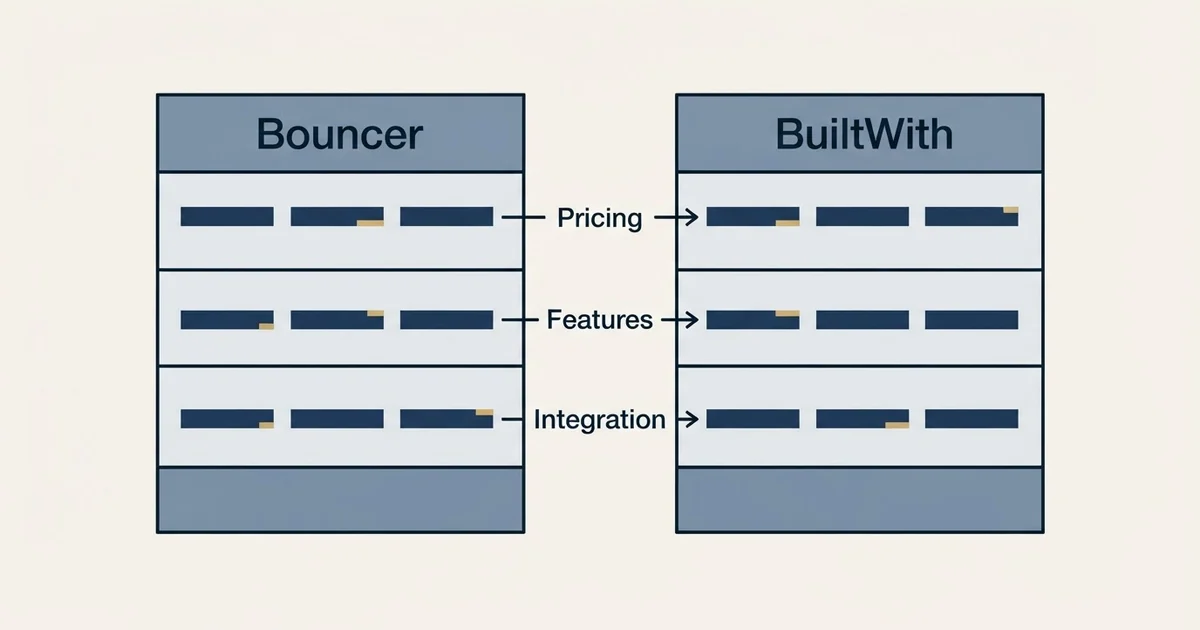 Comparison panel: Bouncer vs BuiltWith (Pricing, Features, Integration)