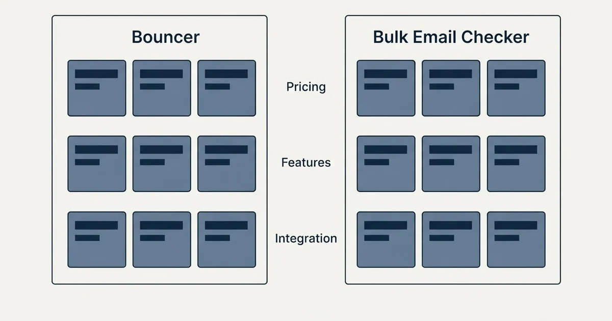 Comparison panel: Bouncer vs Bulk Email Checker (Pricing, Features, Integration)