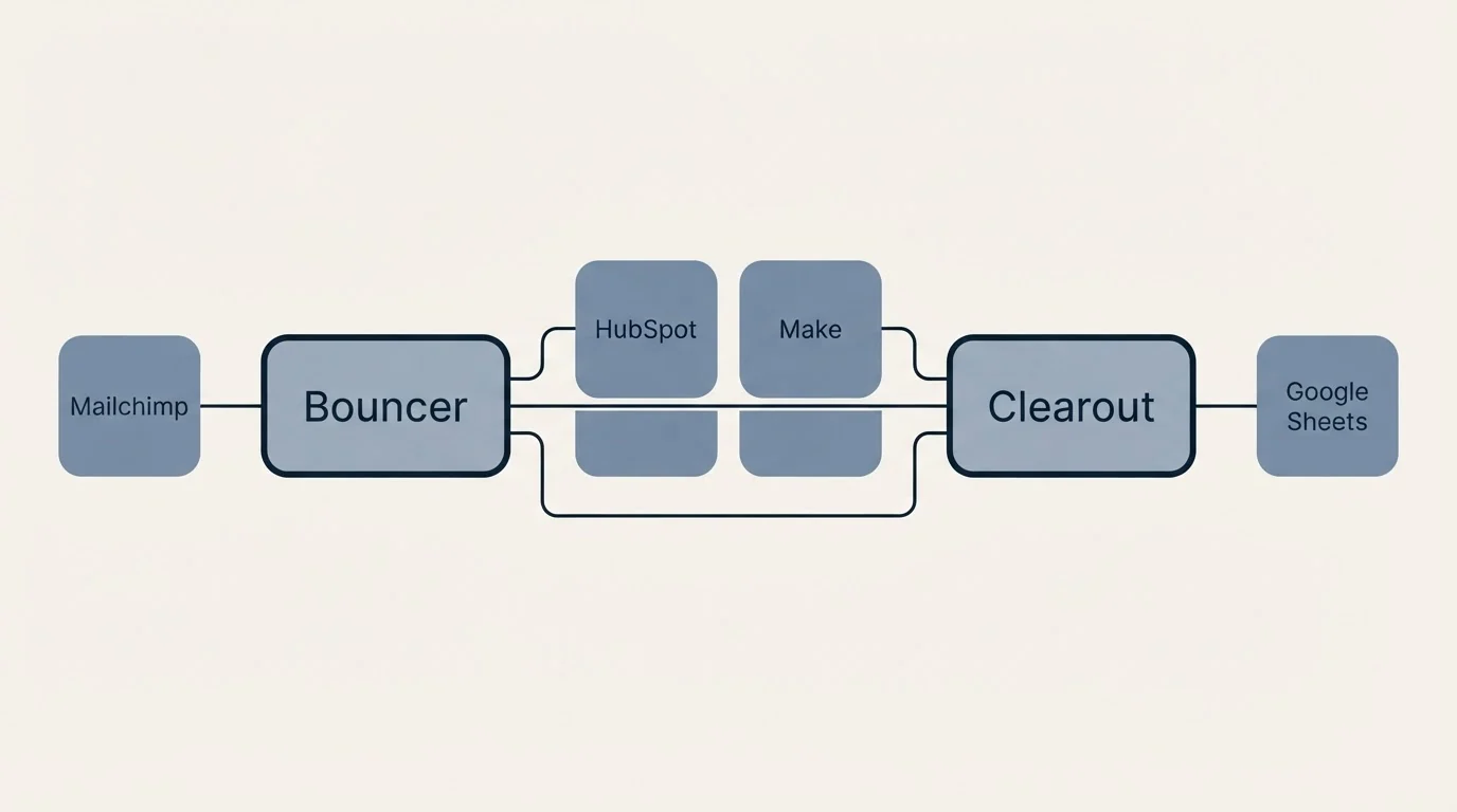 Integration schematic: Integration Ecosystem (Bouncer, Clearout, HubSpot, Make)