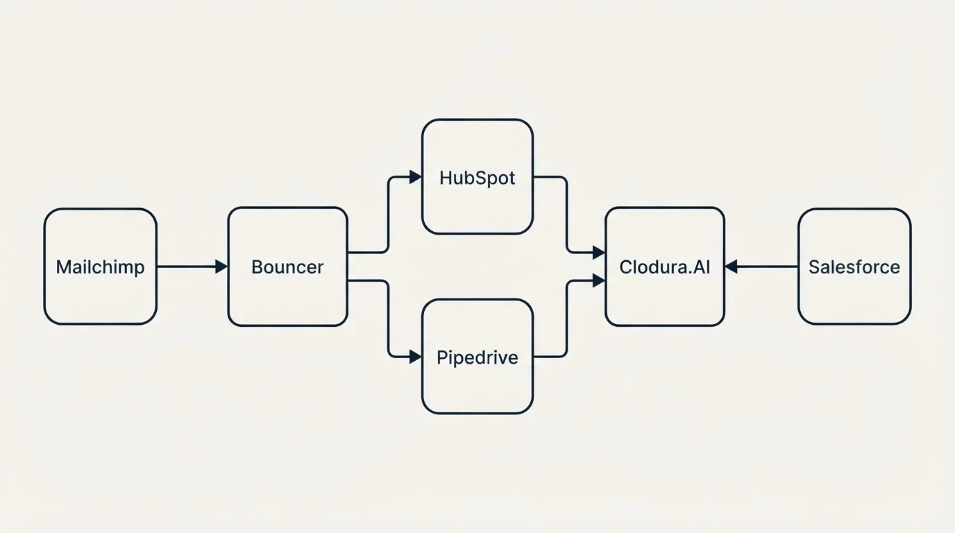 Integration flow: Integration Ecosystem (Bouncer, Clodura.AI, HubSpot, Pipedrive)