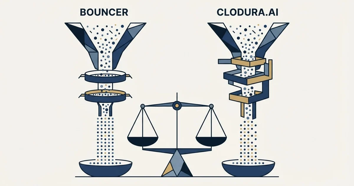 Editorial illustration for Bouncer vs Clodura.AI