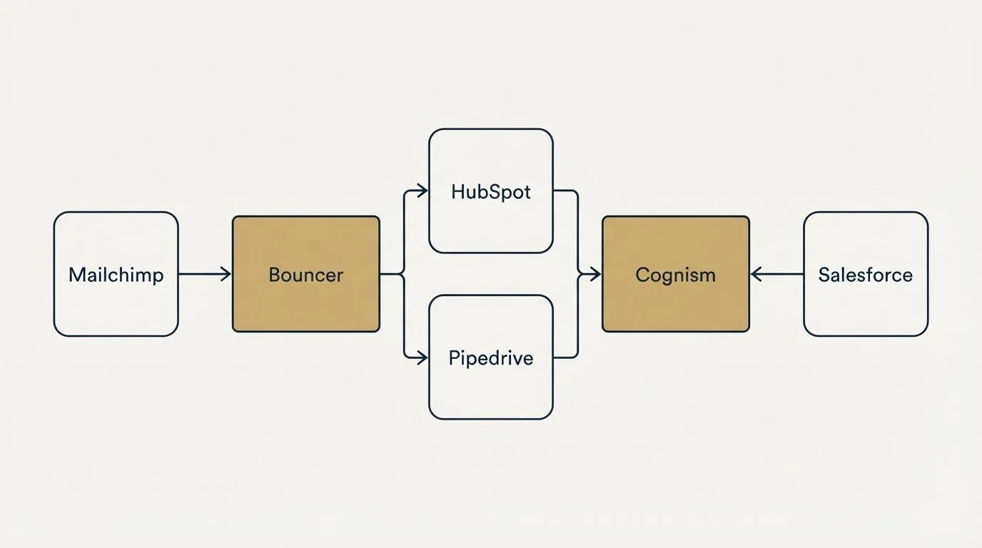 Integration flow: Integration Ecosystem (Bouncer, Cognism, HubSpot, Pipedrive)