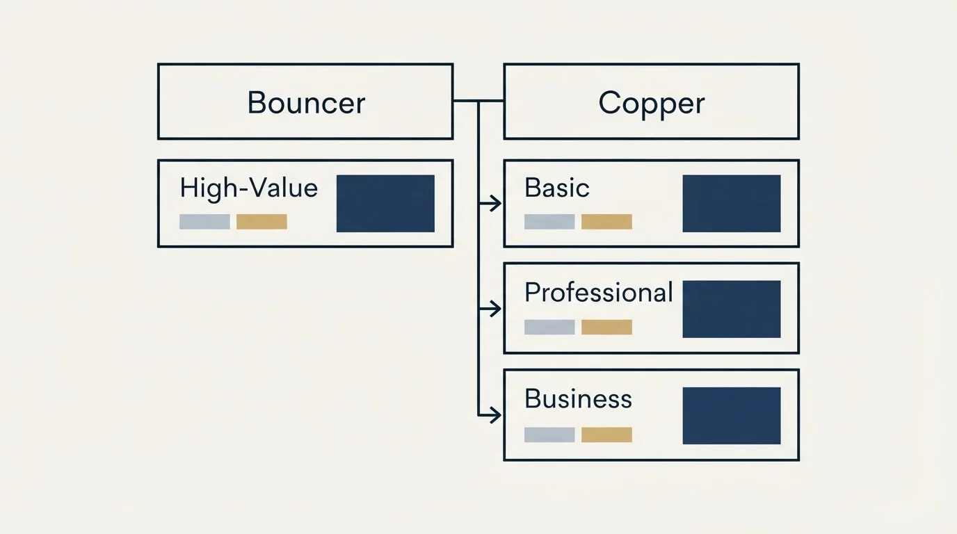 Pricing table: Pricing Comparison (Bouncer, Copper, High-Value, Basic)