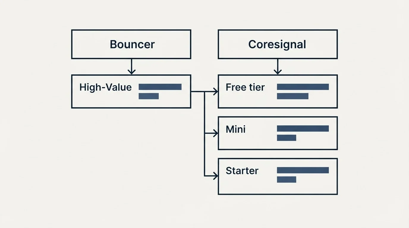 Pricing table: Pricing Comparison (Bouncer, Coresignal, High-Value, Free tier)