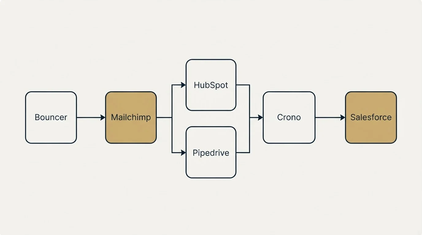 Integration flow: Integration Ecosystem (Bouncer, Crono, HubSpot, Pipedrive)