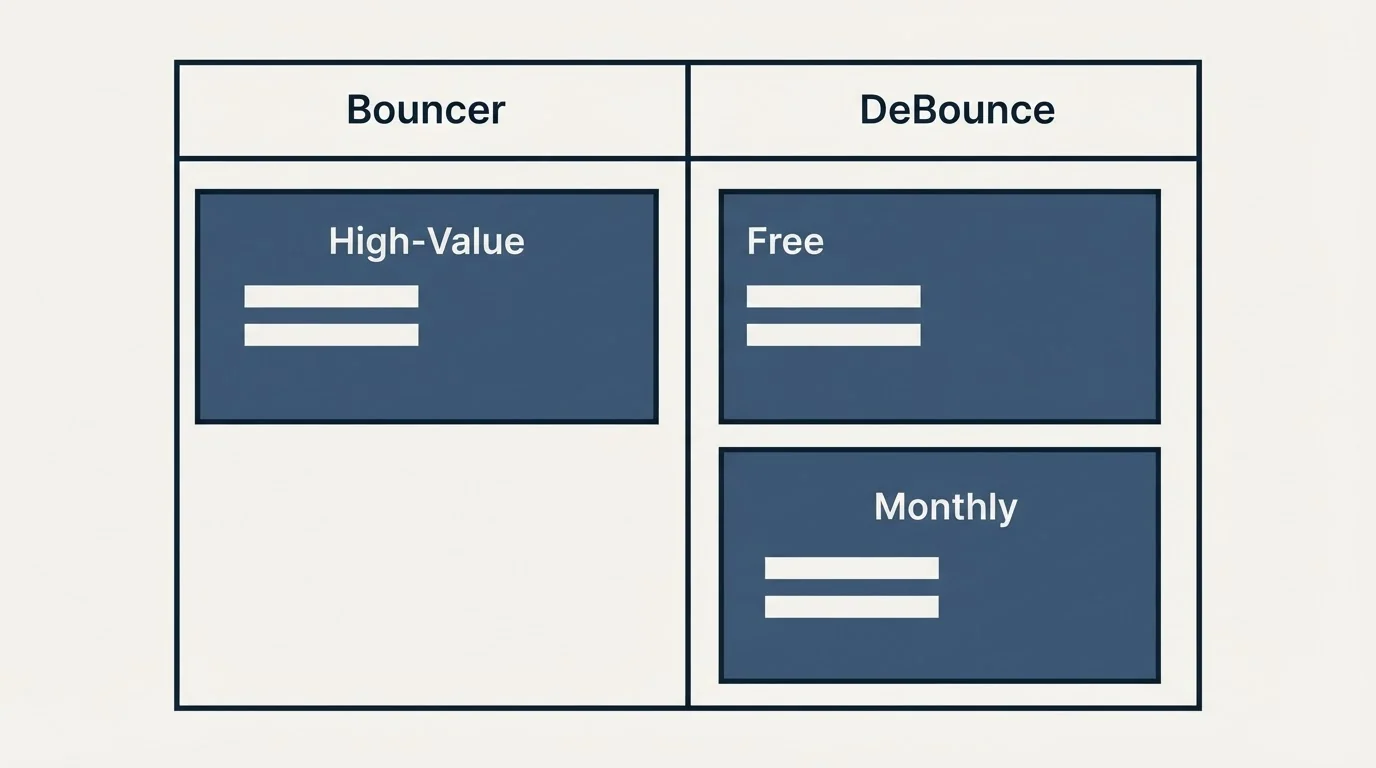 Pricing table: Pricing Comparison (Bouncer, DeBounce, High-Value, Free)