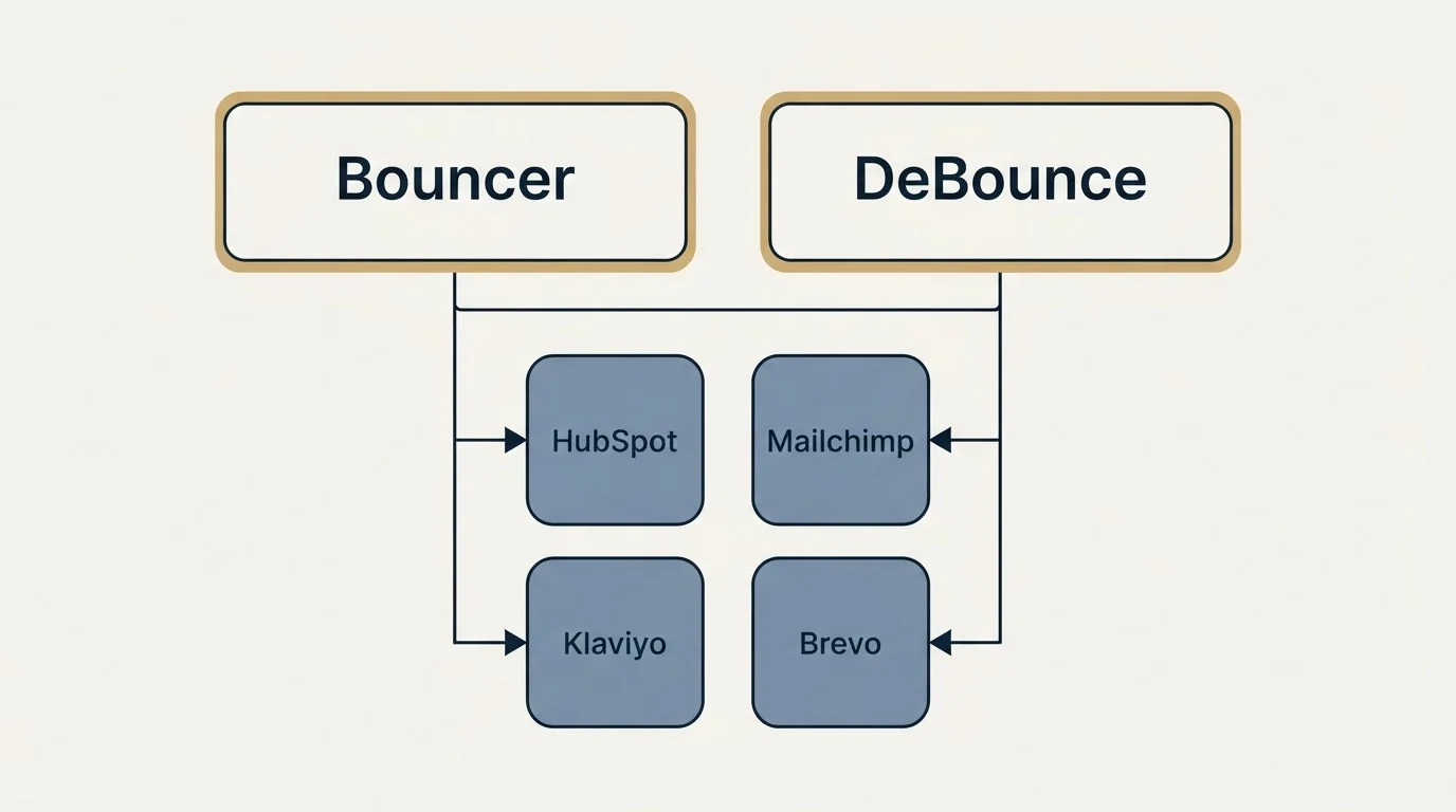 Integration grid: Integration Ecosystem (Bouncer, DeBounce, HubSpot, Mailchimp)