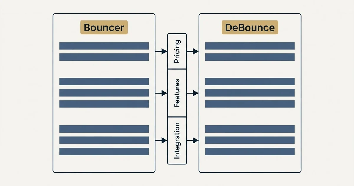 Comparison panel: Bouncer vs DeBounce (Pricing, Features, Integration)