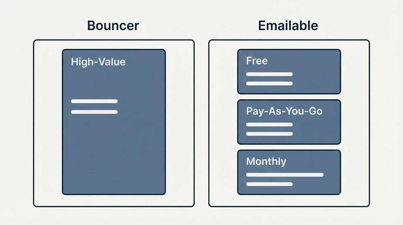 Pricing panels: Pricing Comparison (Bouncer, Emailable, High-Value, Free)