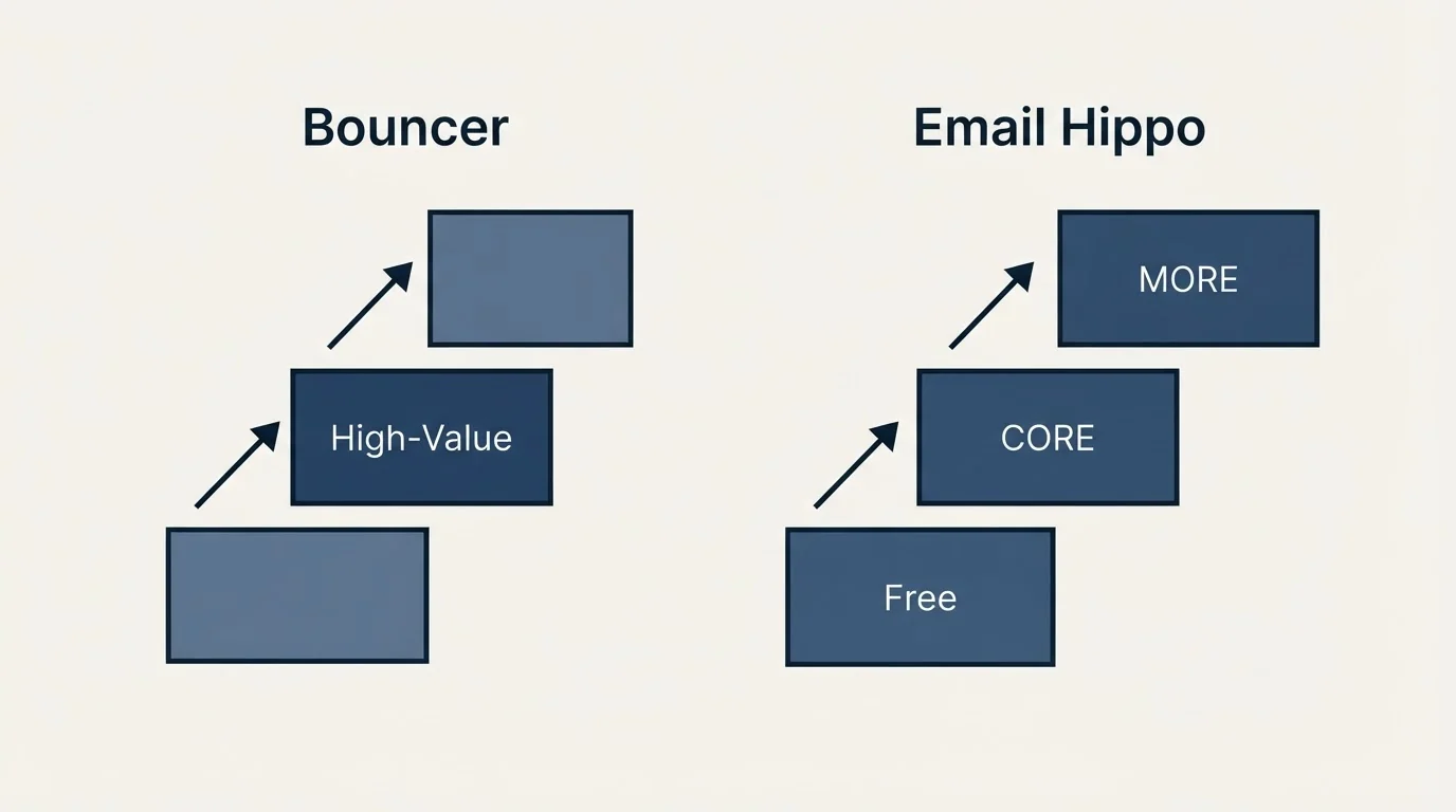 Pricing ladder: Pricing Comparison (Bouncer, Email Hippo, High-Value, Free)