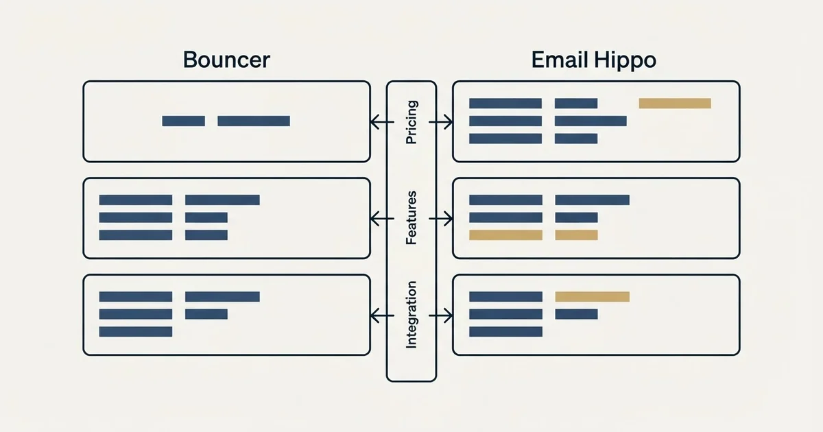 Comparison panel: Bouncer vs Email Hippo (Pricing, Features, Integration)
