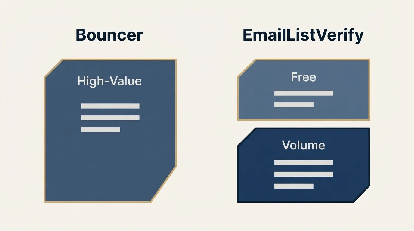 Pricing panels: Pricing Comparison (Bouncer, EmailListVerify, High-Value, Free)