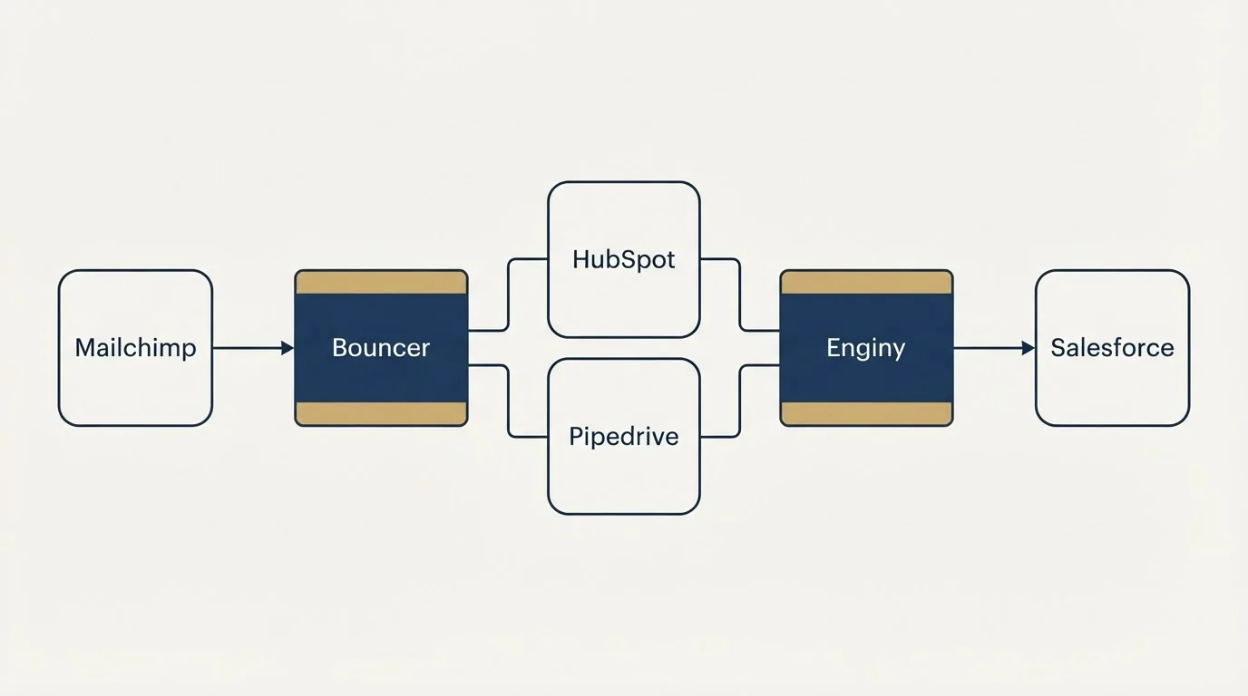 Integration flow: Integration Ecosystem (Bouncer, Enginy, HubSpot, Pipedrive)