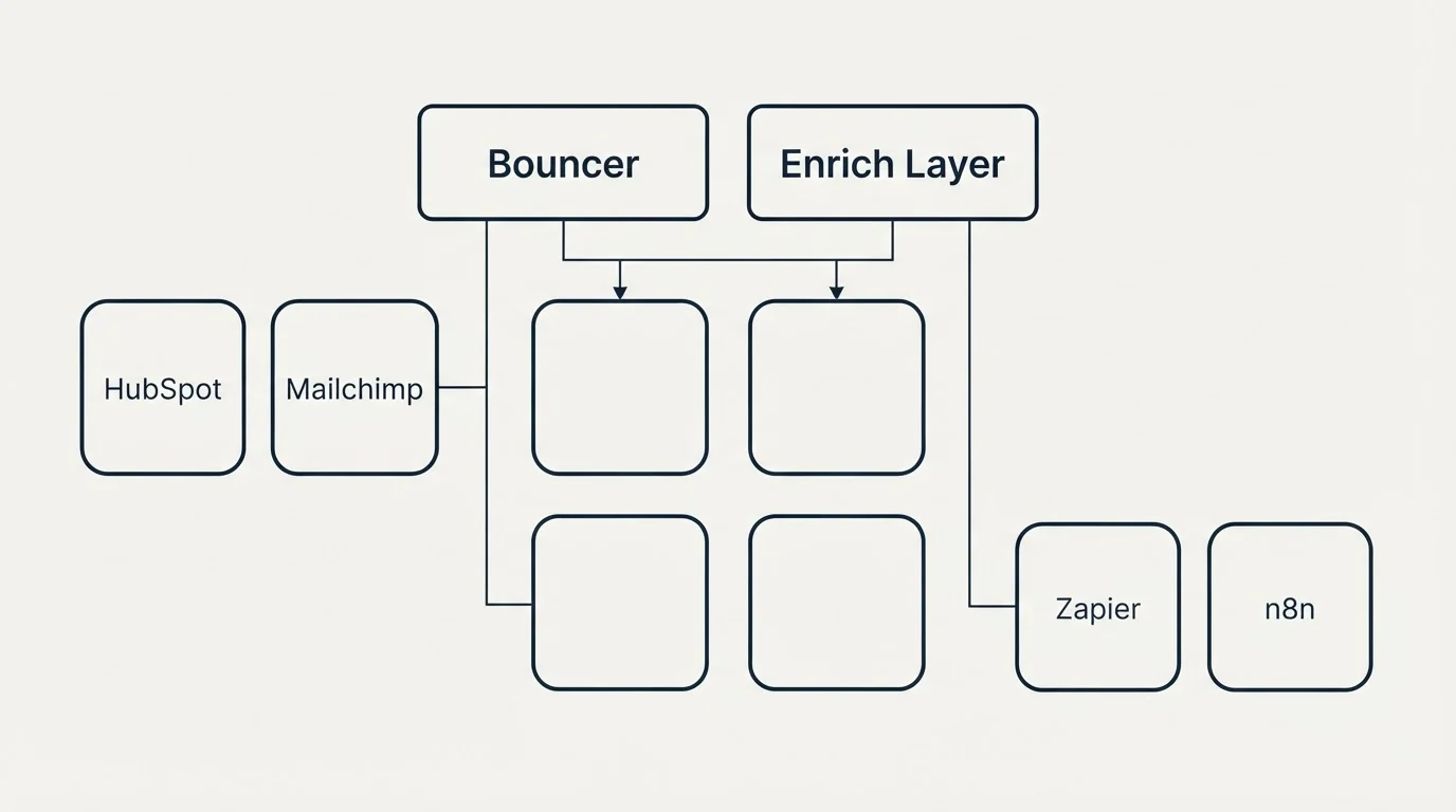 Integration grid: Integration Ecosystem (Bouncer, Enrich Layer, HubSpot, Zapier)