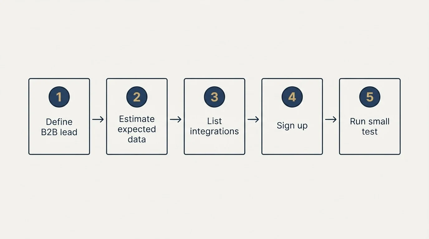 Step sequence: Getting Started Checklist (Define B2B lead, Estimate expected data, List integrations, Sign up)