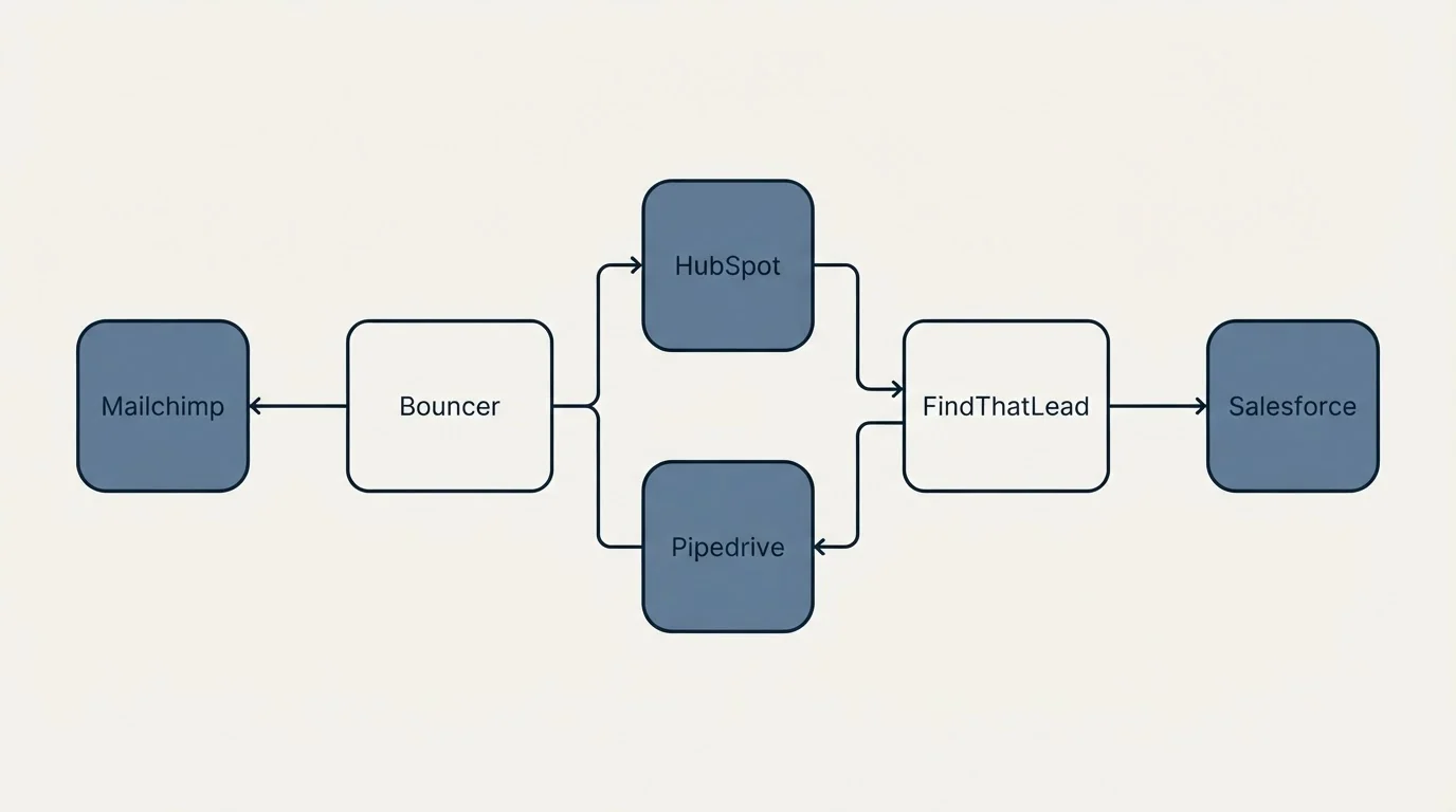 Integration flow: Integration Ecosystem (Bouncer, FindThatLead, HubSpot, Pipedrive)