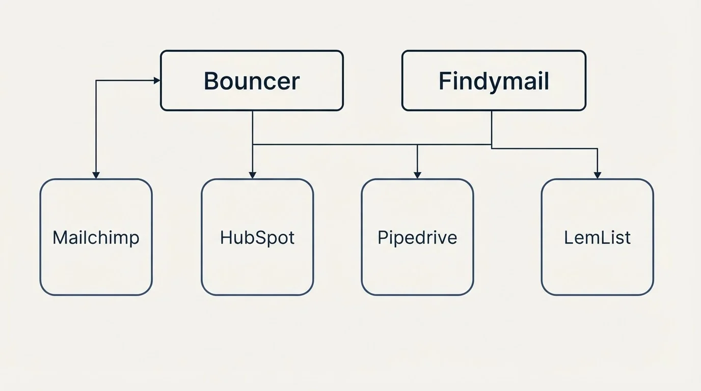 Integration grid: Integration Ecosystem (Bouncer, Findymail, HubSpot, Pipedrive)