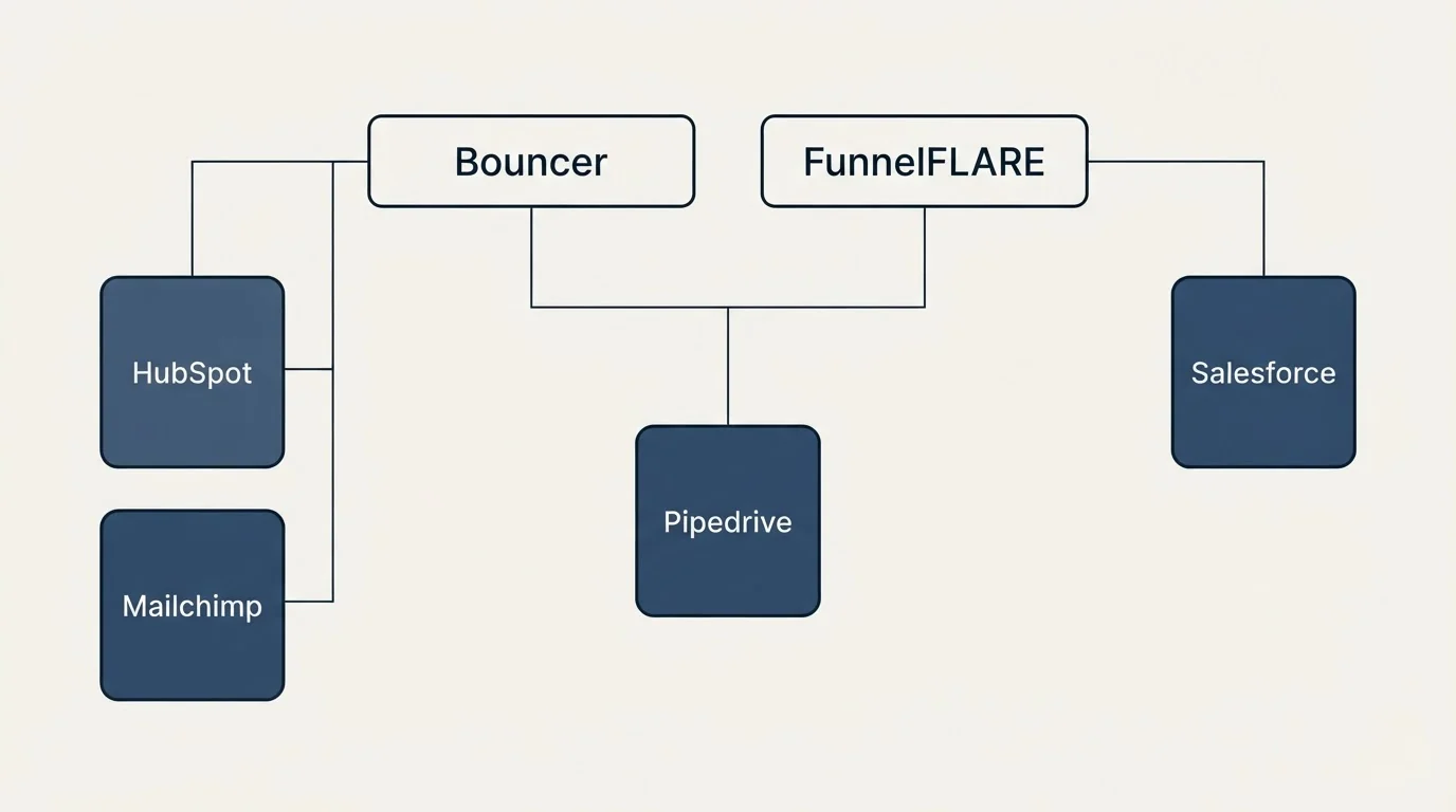 Integration grid: Integration Ecosystem (Bouncer, FunnelFLARE, Pipedrive, HubSpot)