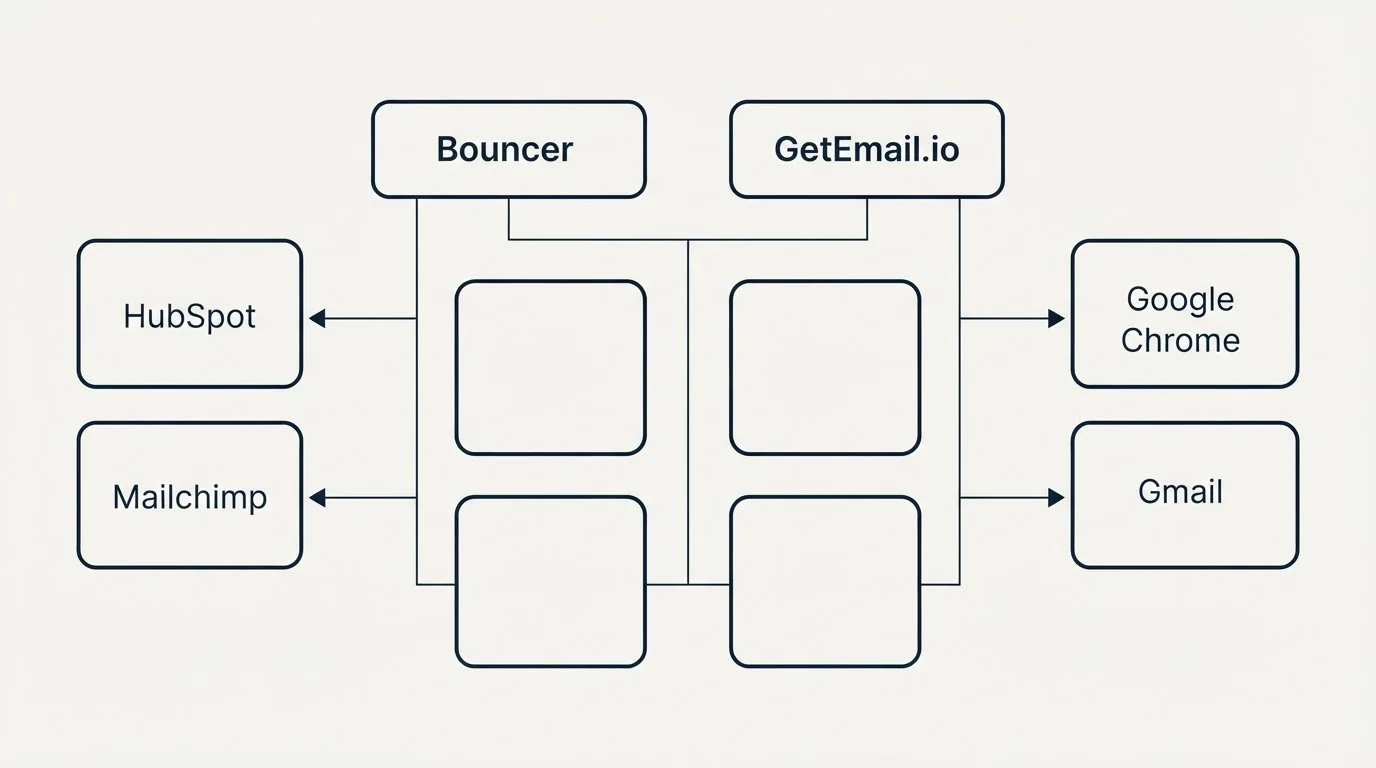 Integration grid: Integration Ecosystem (Bouncer, GetEmail.io, HubSpot, Google Chrome)