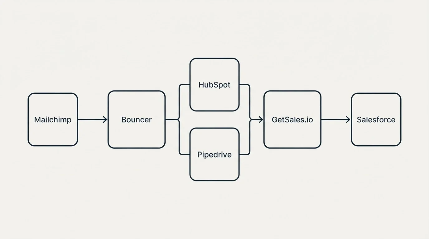Integration flow: Integration Ecosystem (Bouncer, GetSales.io, HubSpot, Pipedrive)
