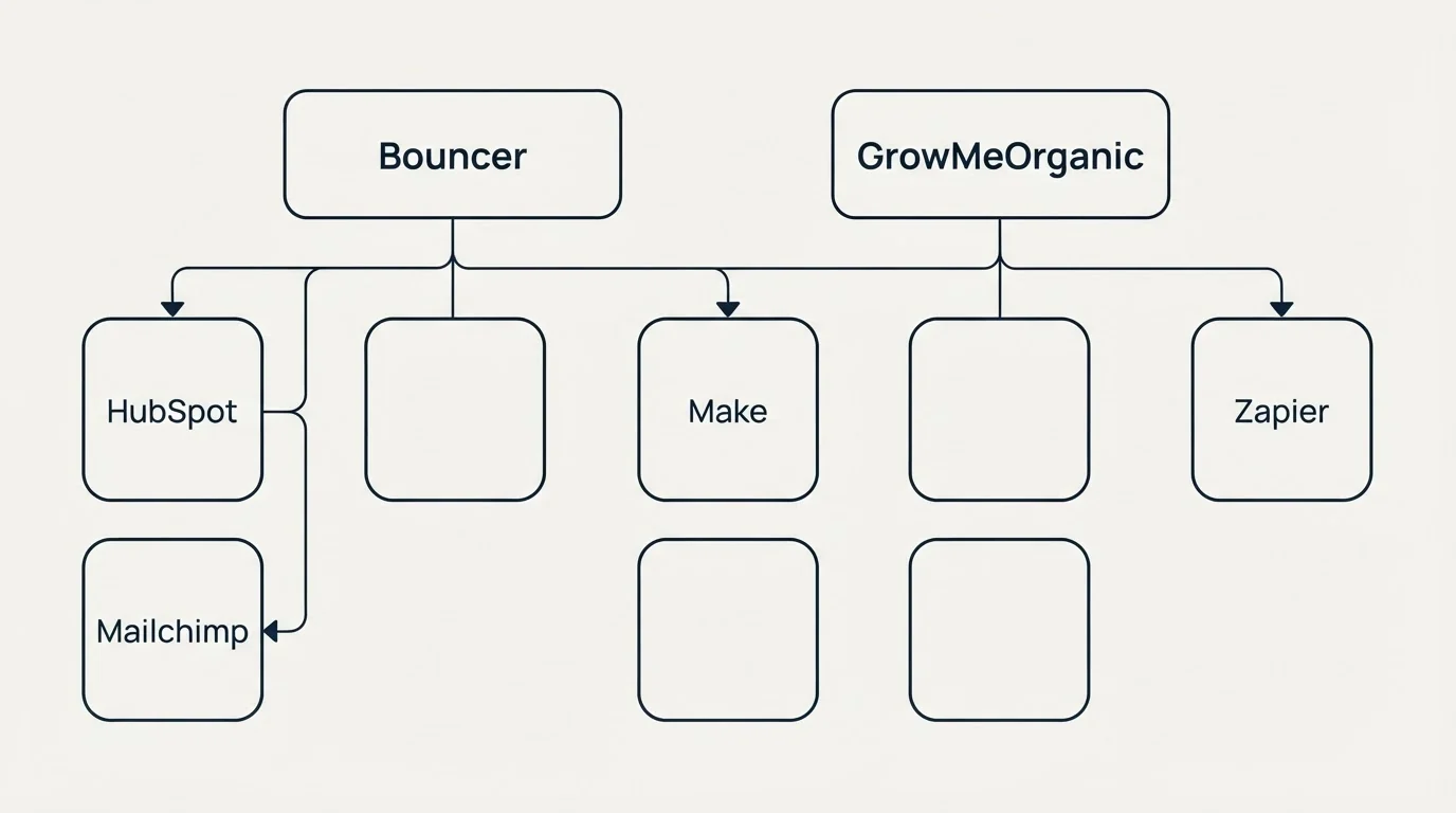 Integration grid: Integration Ecosystem (Bouncer, GrowMeOrganic, Make, HubSpot)