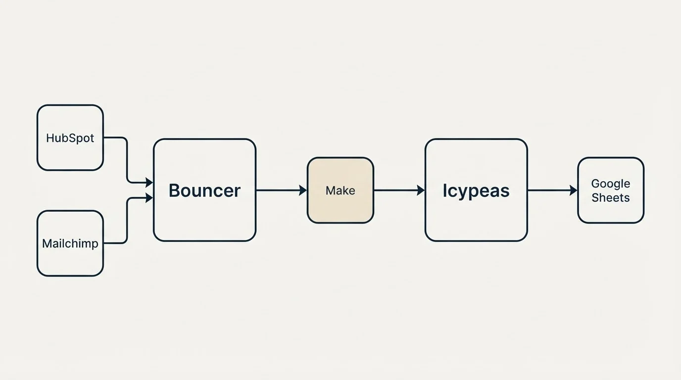 Integration flow: Integration Ecosystem (Bouncer, Icypeas, Make, HubSpot)