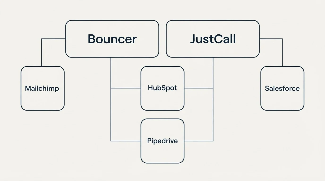 Integration grid: Integration Ecosystem (Bouncer, JustCall, HubSpot, Pipedrive)