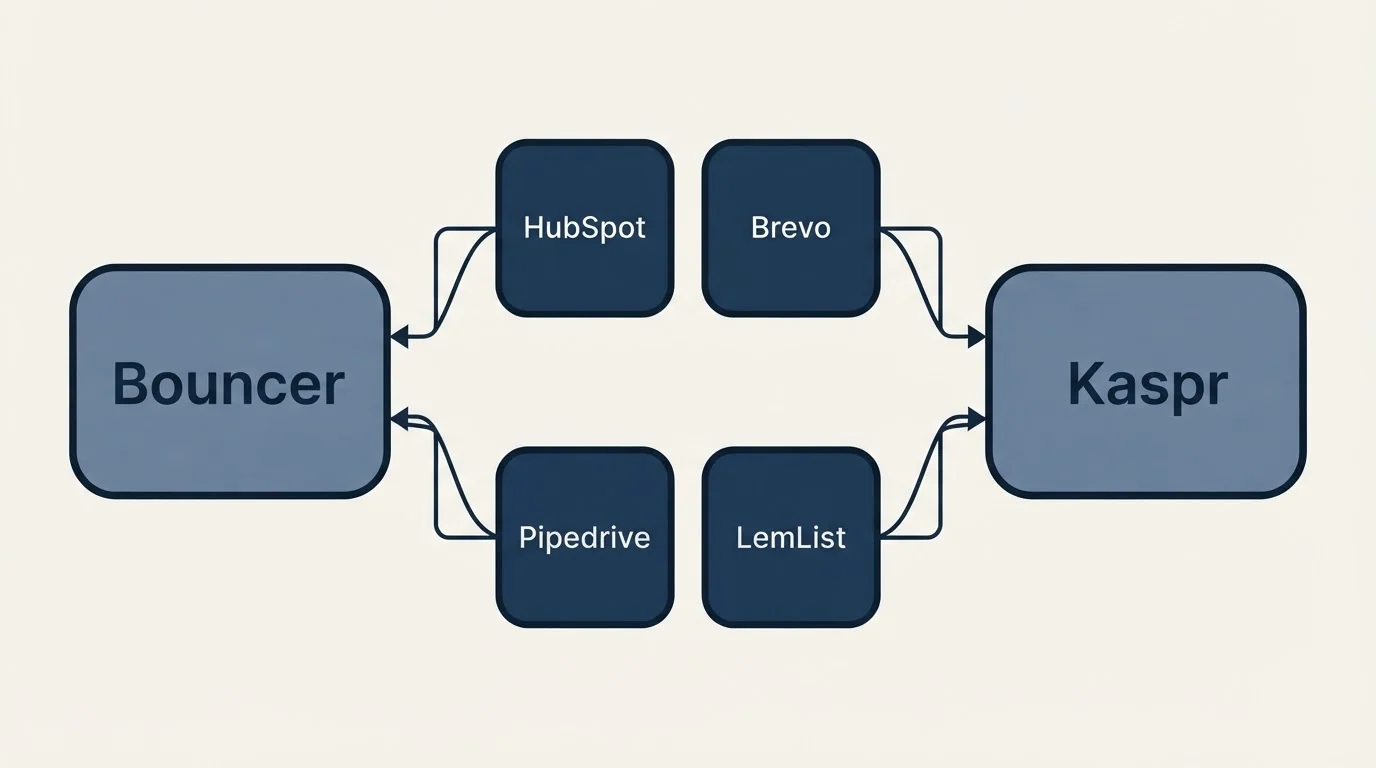 Integration schematic: Integration Ecosystem (Bouncer, Kaspr, HubSpot, Brevo)