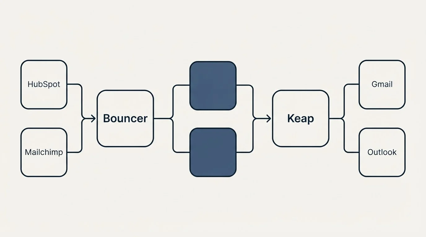 Integration schematic: Integration Ecosystem (Bouncer, Keap, HubSpot, Gmail)