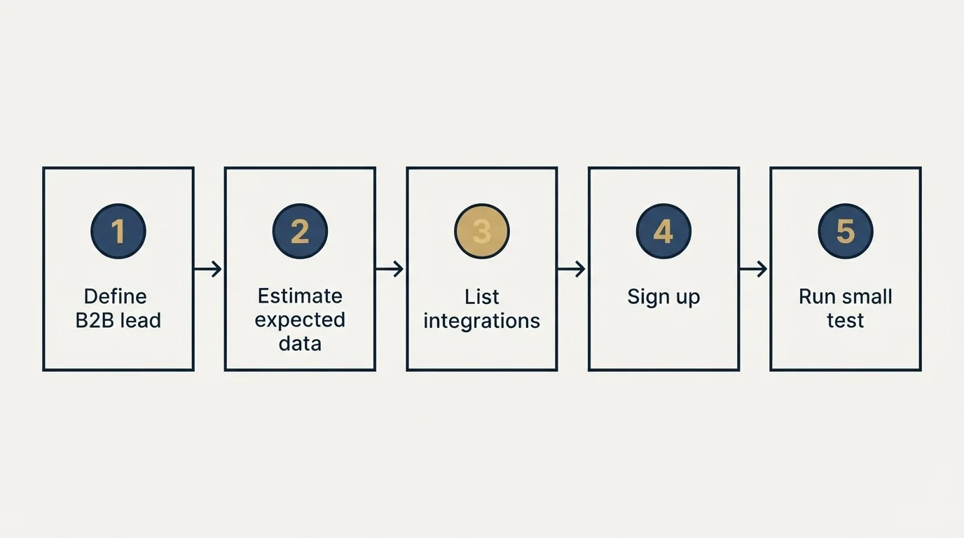 Step sequence: Getting Started Checklist (Define B2B lead, Estimate expected data, List integrations, Sign up)