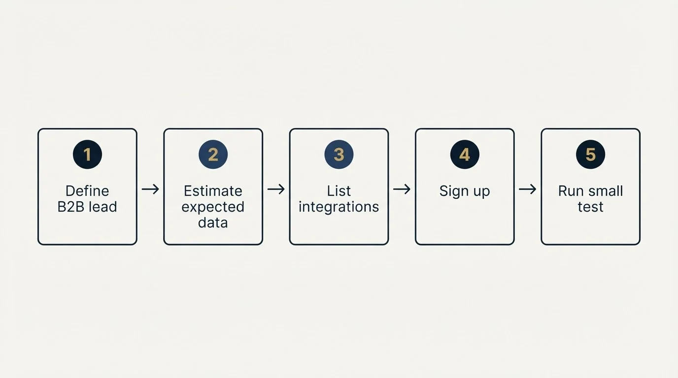 Step sequence: Getting Started Checklist (Define B2B lead, Estimate expected data, List integrations, Sign up)