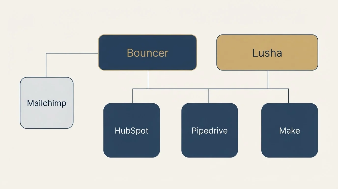 Integration grid: Integration Ecosystem (Bouncer, Lusha, HubSpot, Pipedrive)