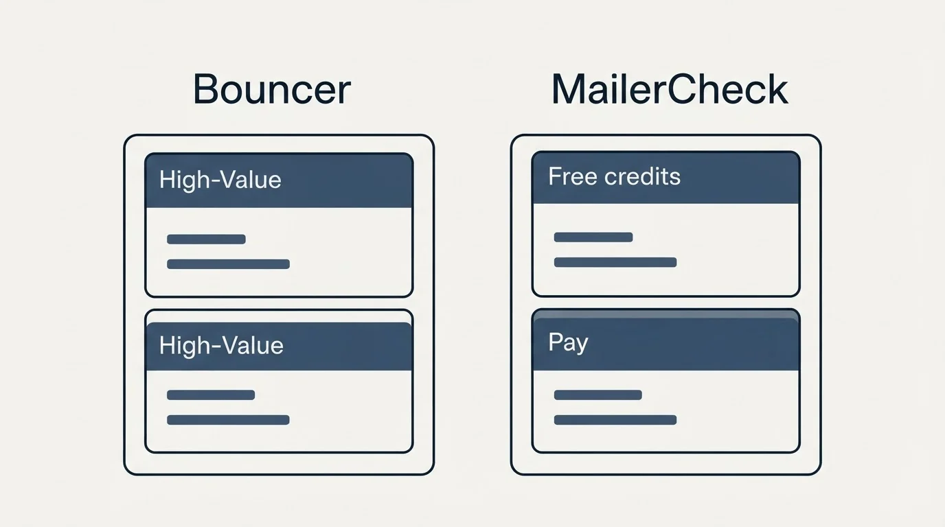 Pricing panels: Pricing Comparison (Bouncer, MailerCheck, High-Value, Free credits)