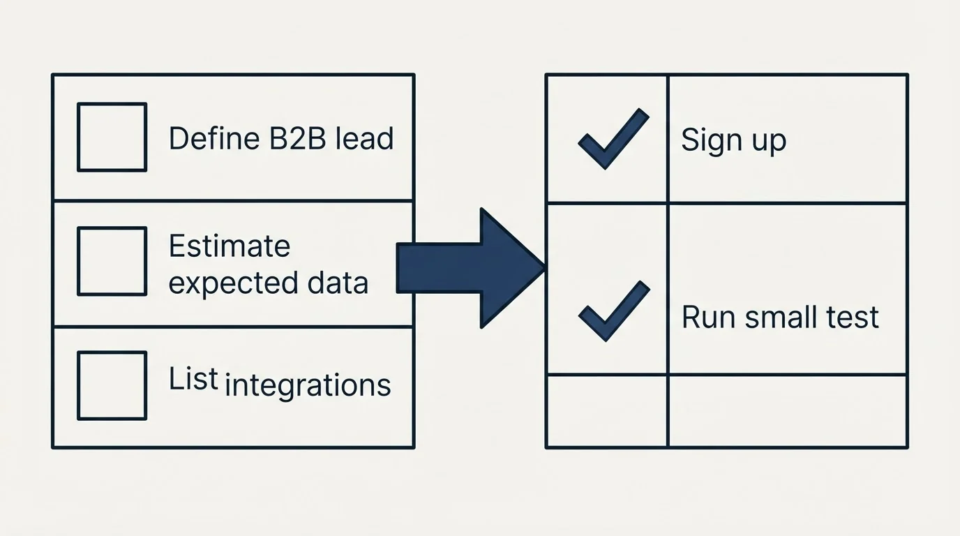 Before-and-after steps: Getting Started Checklist (Define B2B lead, Estimate expected data, List integrations, Sign up)