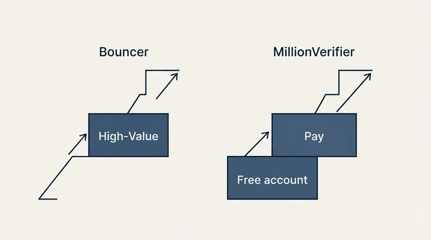 Pricing ladder: Pricing Comparison (Bouncer, MillionVerifier, High-Value, Free account)